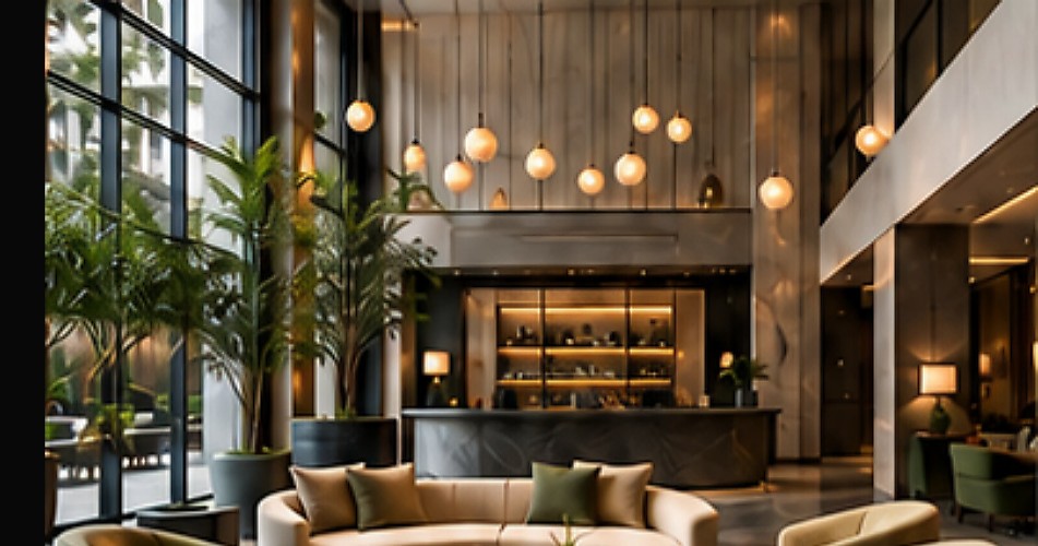 Espace lounge d’hôtel aménagé avec fauteuils et tables
